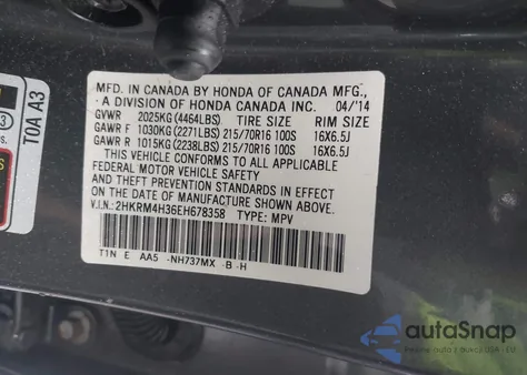 2014 Honda Cr-V Lx из США, поврежденный, VIN 2HKRM4H36EH678358